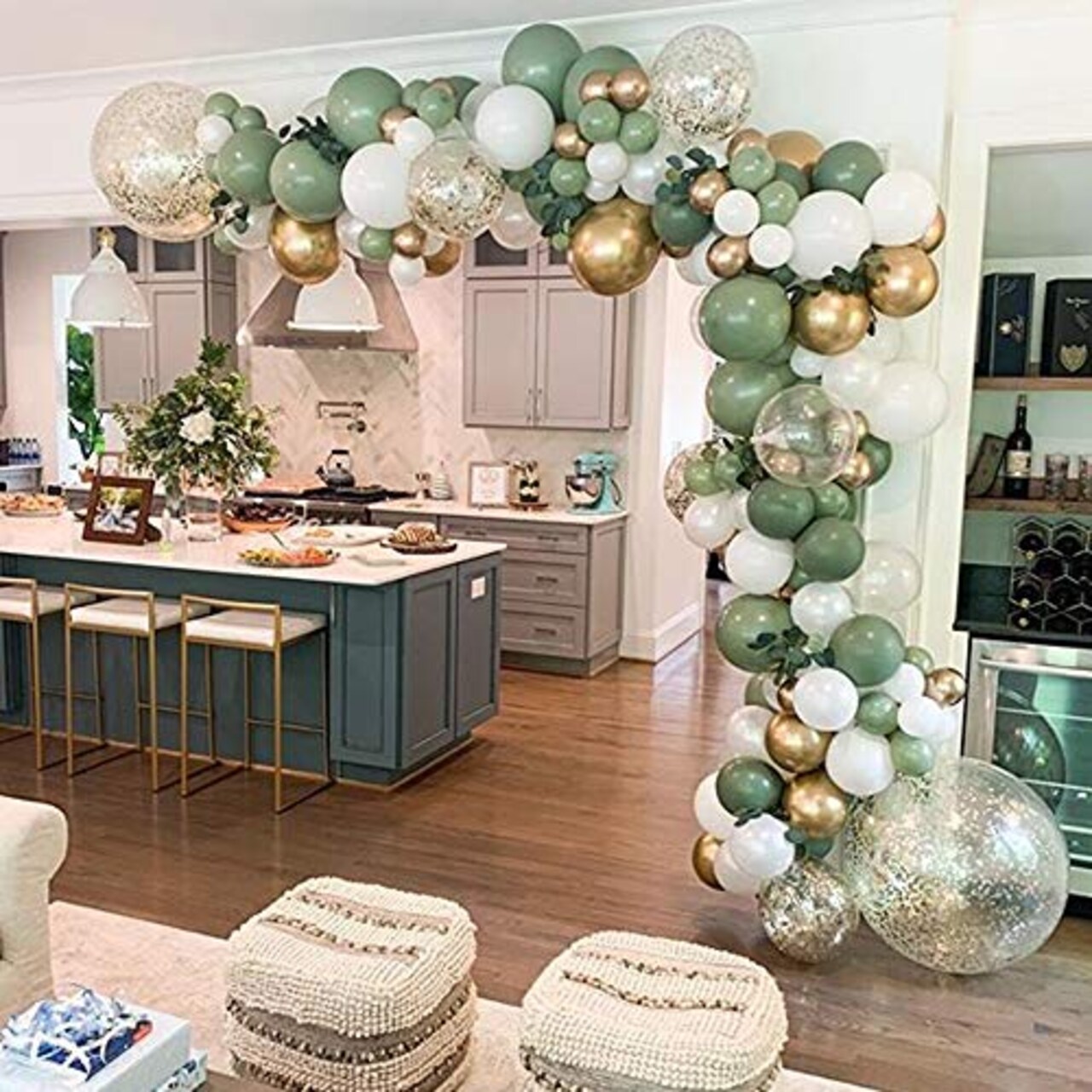 137PCS Sage Green Balloon Garland Arch Kit with White, Gold Confetti, Retro Green, and Gold Metallic Chrome Latex Balloons for Wedding, Birthday, and Baby Shower Decorations